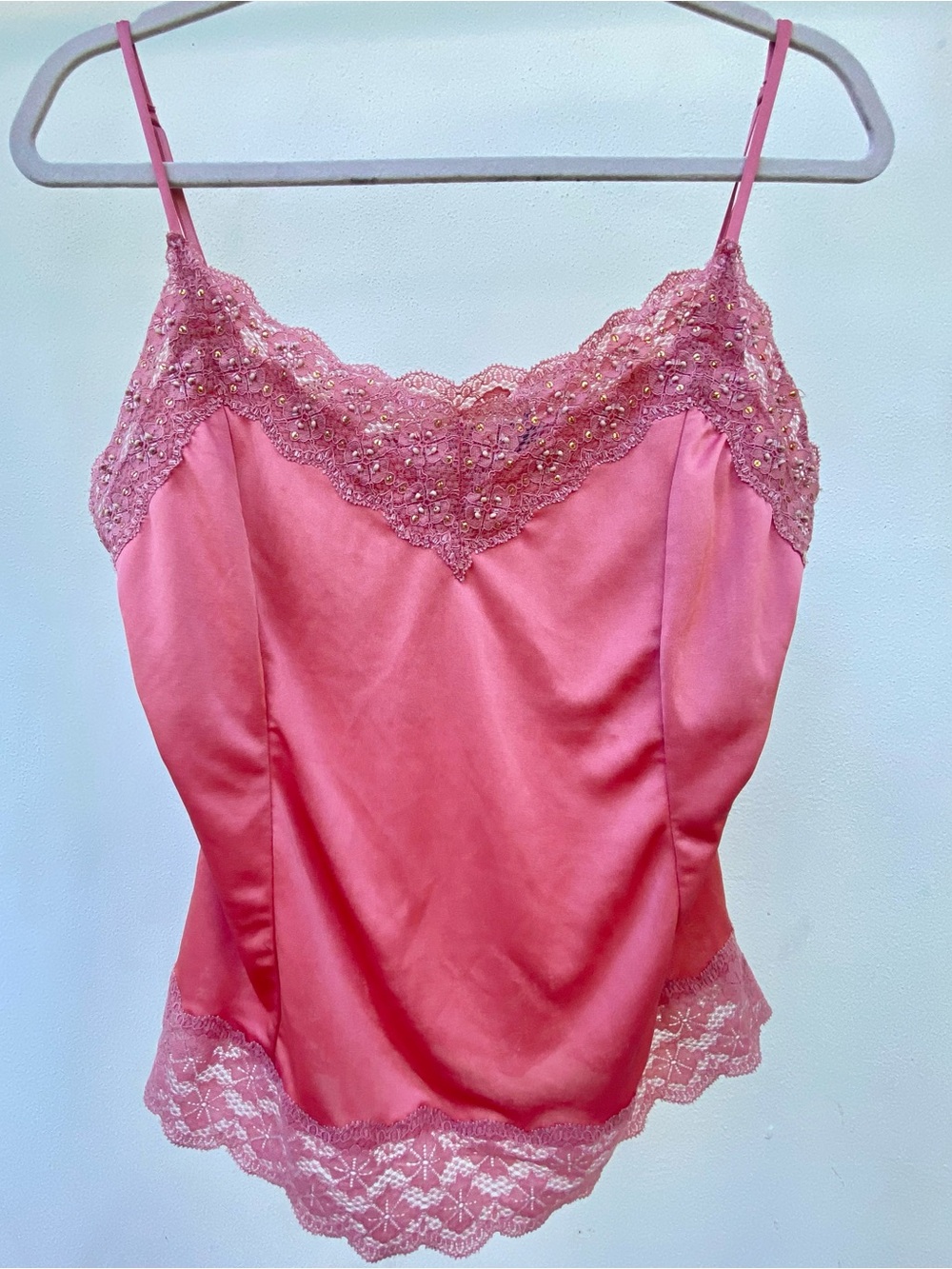 Y2K Fairy Rose Pink Beaded Lace Trim Tank Top Size Large